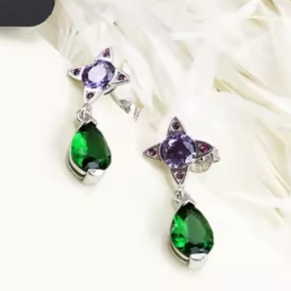 NWOT Green Drop With Purple Star earrings, Sterling silver - Picture 3 of 7